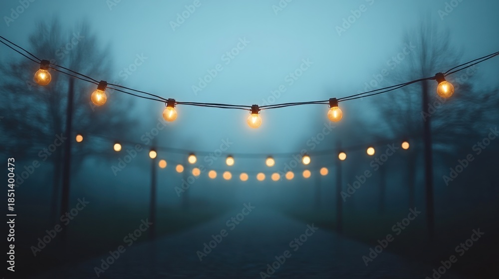 Fototapeta premium Misty evening path with string lights