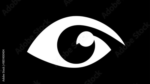 Minimalist white eye icon on black background, symbolizing vision, security, privacy, and observation, modern graphic element.