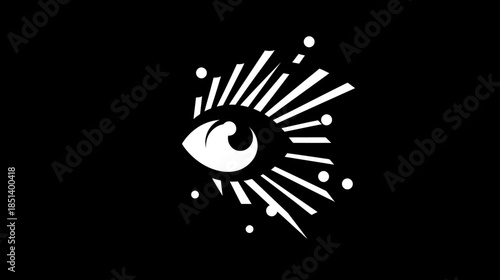 Stylized abstract eye graphic with radiating rays and dots on a black background, representing vision, insight, and awareness.