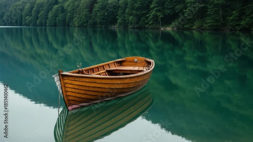 Peaceful Lake Solitude: Empty Wooden Rowboat Floating Calmly on Reflective Green Water Surrounded by Forest, Serene Nature