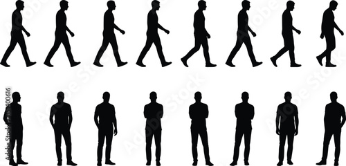 Male walking silhouette set showing human gait cycle, standing poses, casual movement sequence isolated on white background illustration collection