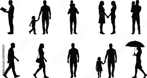 People silhouette collection showing family, parents, children, couples, walking, holding hands, everyday human activities isolated on white background