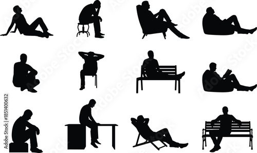 Sitting man silhouette collection showing relaxed, thinking, resting poses on chair, bench, floor isolated on white background illustration