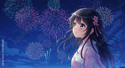 Fireworks Night Dream: A young woman is enraptured by the colorful fireworks bursting in the twilight sky, filled with dreams and wonder.
