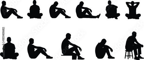 Sitting man silhouette set showing relaxed, thoughtful, casual floor and chair poses illustrating human posture isolated on white background