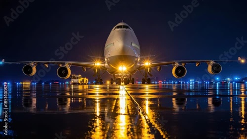 Midnight Aviation: Wide-Body Cargo Jet Waiting on a Wet Tarmac at Night with Bright Runway Lights, Logistics and Transport