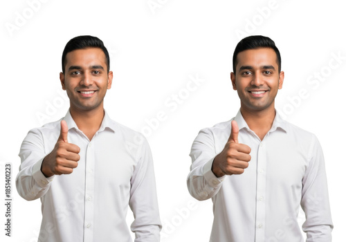 twin portraits of a handsome young indian male in a crisp white business shirt giving a firm thumbs up with a confident smile against transparent studio background. concept of high customer