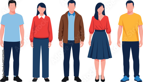 Group of five young adult people standing in casual clothes, two women and three men, representing diverse college students, friends, and everyday people vector illustration.