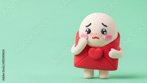 Cute shy clay envelope character blushing on plain green background with copy space