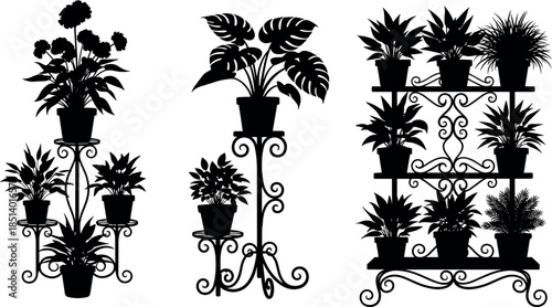 Houseplants and Ornamental Wrought Iron Stands Vector Silhouette Collection, Decorative Indoor Greenery Home Decor, Elegant Potted Flowers and Tropical Foliage Plants on Display Rack Graphic.