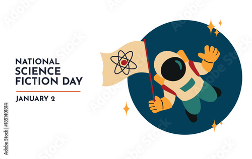 National Science Fiction Day 2 january banner card poster illustration with astronaut