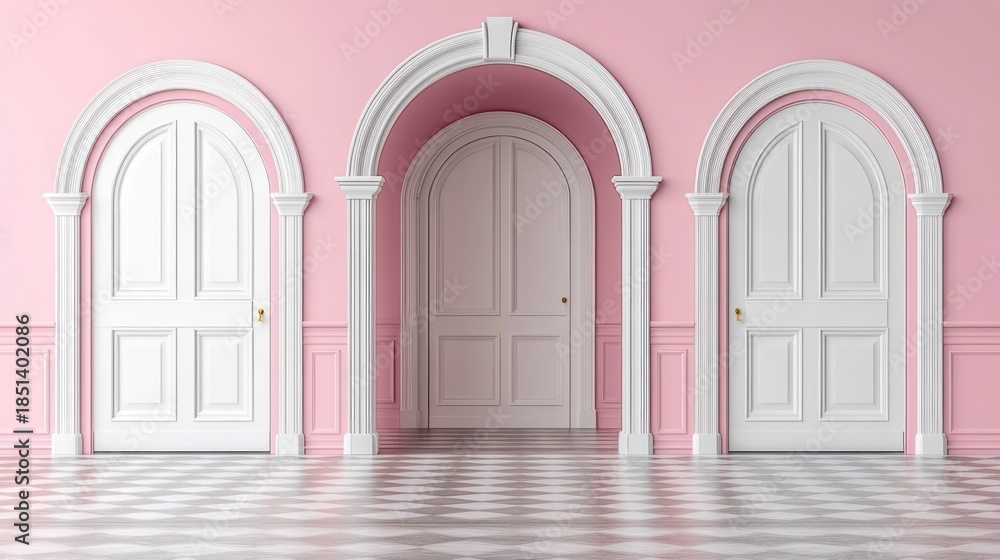 Fototapeta premium Pink hallway with three arched doorways