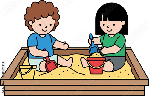 Children Playing with Sand in Sandbox.