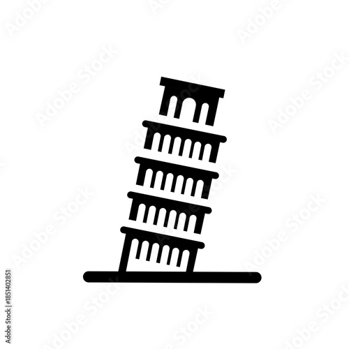 Minimal black silhouette of the Leaning Tower of Pisa isolated on white background.