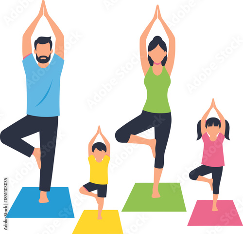 Family Practicing Yoga Together on Mats.