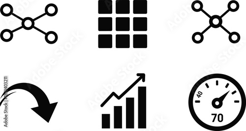Data dashboard icons, analytics symbols, network nodes, bar chart, speedometer, grid layout, UI elements, performance metrics, digital interface, visualization tools