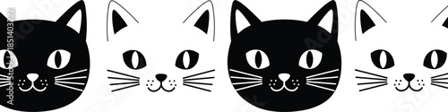 Minimalist cat face pattern, black and white feline illustration, modern pet art, symmetrical animal design, graphic vector, cute whiskers