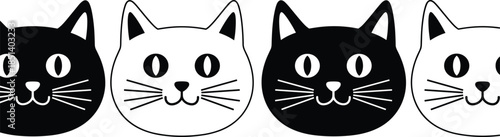 Seamless pattern of black and white cat faces, symmetrical feline design, high contrast, modern animal illustration, decorative vector art