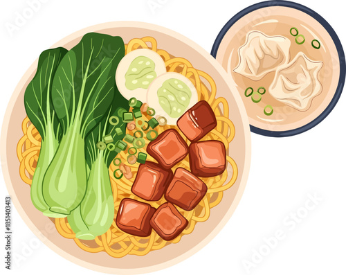 Bowl of Noodles with Vegetables and Meat.