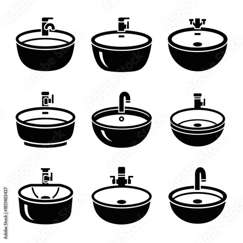 Bathroom Sink and Faucet Icon Set with Detailed Variations for Sanitary Installations
