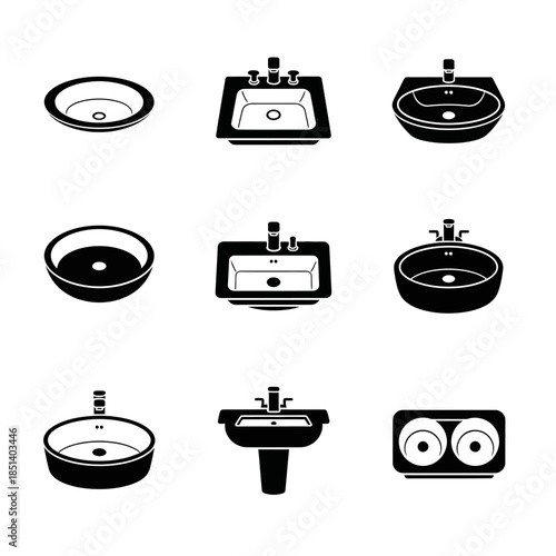 Bathroom Sink Variations Icon Set for Plumbing Fixtures and Home Improvement Applications
