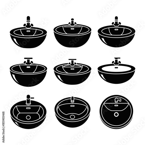Bathroom Sink and Washbasin Icon Set for Sanitation, Hygiene, and Interior Design Interfaces