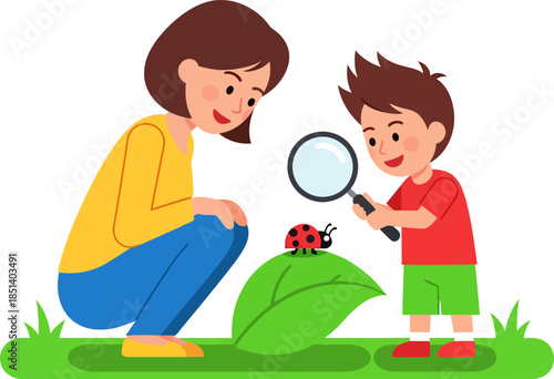 Children Examining Ladybug with Magnifying Glass.