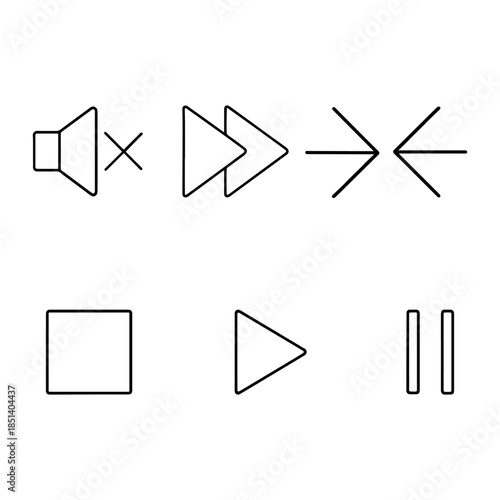 Media control icons set with playback and editing functions
Grid of seven interface icons including mute, fast-forward, merge, split, stop, play, and pause. 