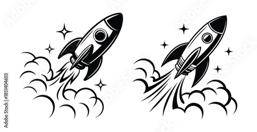 Retro-style rockets launching, Vintage-style rockets launching into space, space rockets taking off with exhaust trails and stars, trailing exhaust clouds and surrounded by stars