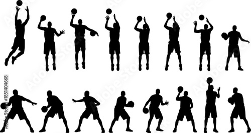 Basketball player silhouettes collection set, athletes dribbling, shooting, jumping, and playing ball sports icons for team competition, fitness, and athletic game design.
