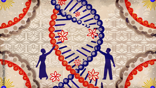 Genetic connection concept with DNA helix and human silhouettes