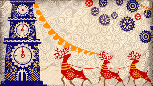 Vibrant holiday scene with reindeer pulling Santa's sleigh past Big Ben