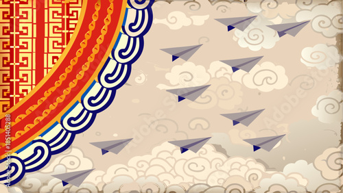 Vibrant paper planes soar through whimsical clouds and ornate design