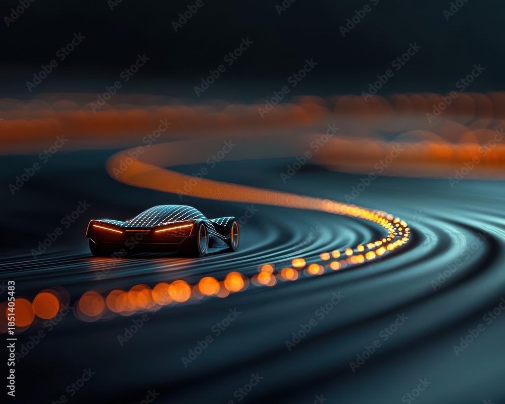 Fototapeta premium Futuristic solar race car speeding on a professional track, aerodynamic bodywork and cuttingedge photovoltaic cells