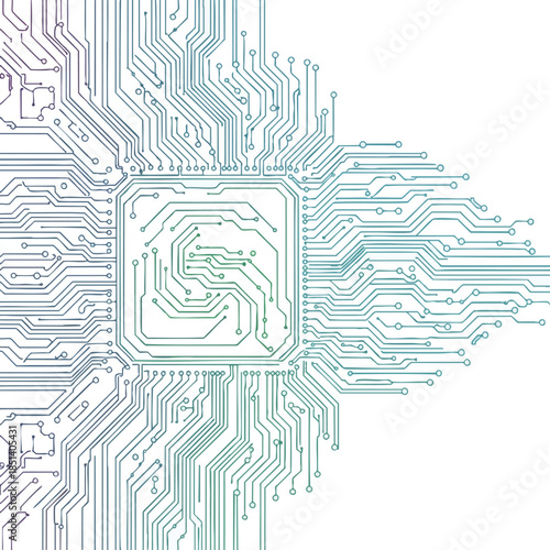 A digital art image depicting a computer circuit board in shades of blue and green