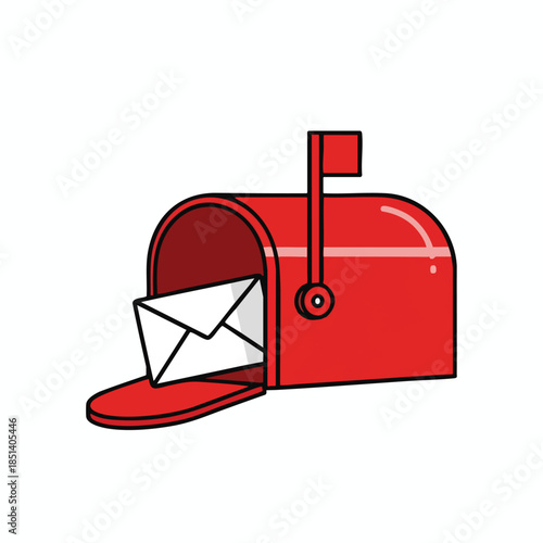 Red mailbox with open door, containing a white envelope; flag raised