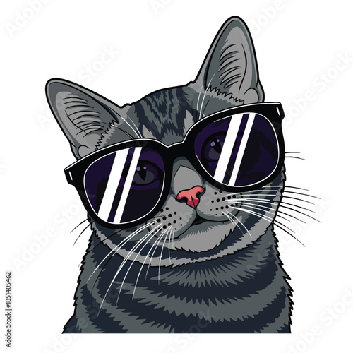 An artistic, cartoonish grey tabby cat wearing sunglasses, looking towards viewer