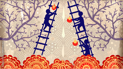 Silhouettes of people climbing ladders with lanterns in a decorative scene