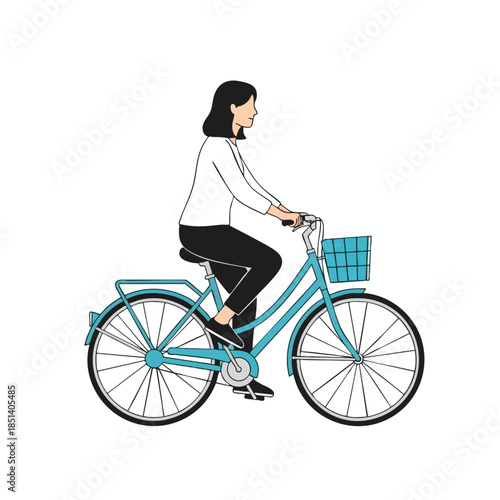 An illustrated woman rides a turquoise bicycle with a basket and black accessories