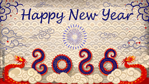 Vibrant Happy New Year 2026 celebration with dragon and fireworks