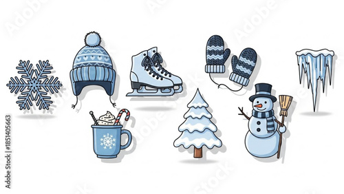 Winter Collection of Festive Icons Snowflake, Ice Skates, Mitten, Snowman, Hot Drink & Tree