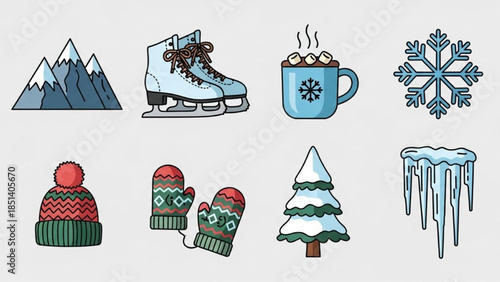 Charming collection of essential winter season icons depicting frosty landscapes and cozy elements