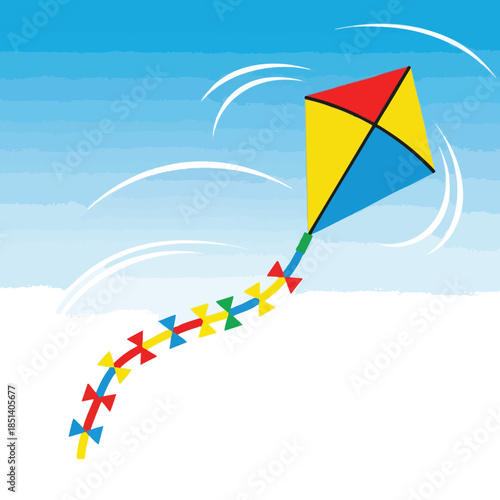 Colorful kite soars with ribbon in the sky, trailing behind on a sunny day