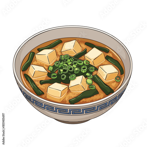 A bowl of Japanese miso soup with tofu, seaweed, and scallions