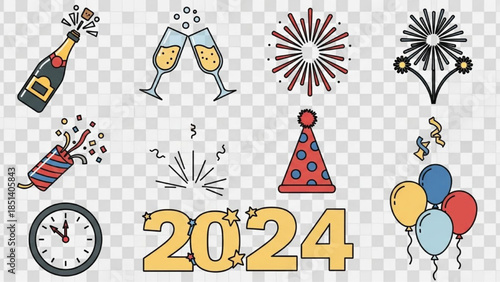 Future-Ready 2024 New Year Celebration Icon Set Event Planning and Festive Decoration Elements