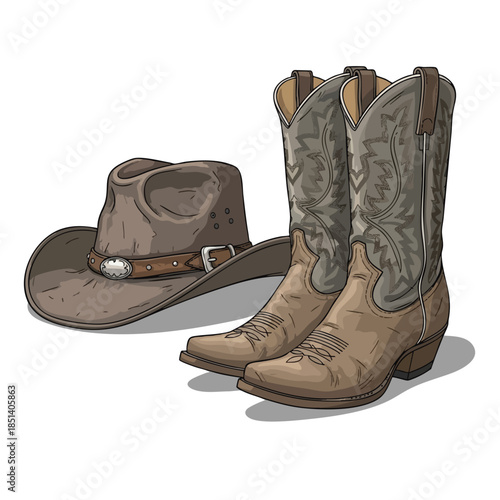 A brown cowboy hat and two ornate cowboy boots with detailed stitching are depicted