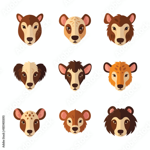 Nine stylized animal heads, flat color design, symmetrical and facing forward