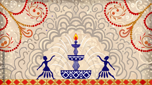 Vibrant Indian festival scene with dancing silhouettes and decorative lamp