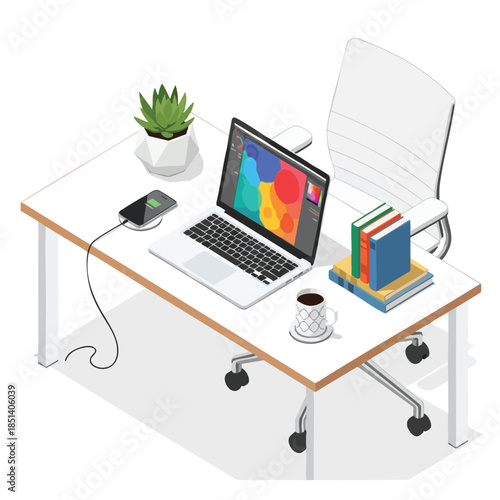 Isometric view of a desk setup featuring laptop, plant, books, coffee, and a rolling chair