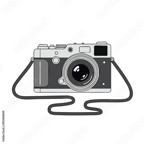 A grayscale, illustrated camera with a strap, depicting a classic photographic device